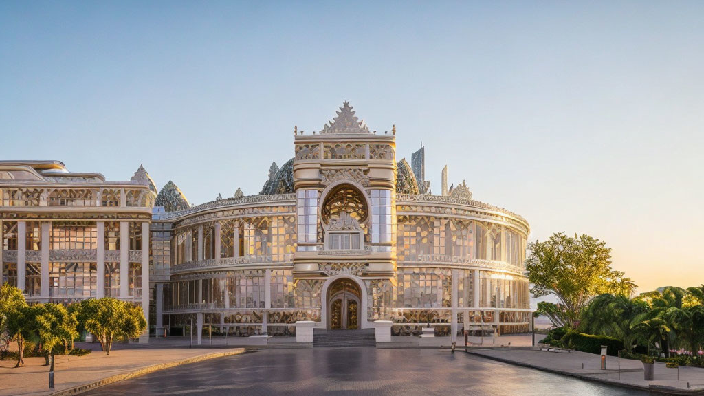 Traditional building with intricate facade and modern glass features at sunset in empty plaza