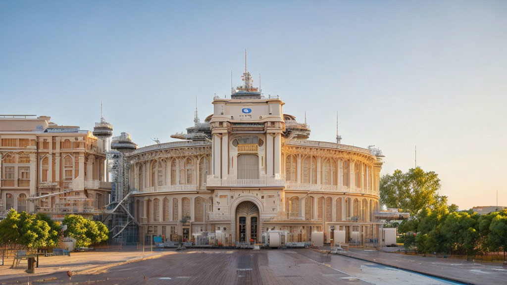 Neoclassical building with grand entrance and golden glow