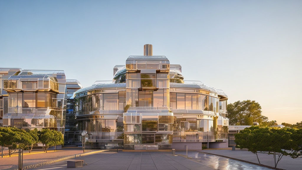 Glass building with layered terraces at sunset