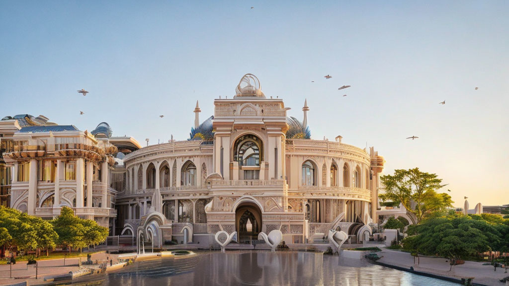 Neoclassical building with ornate facades and fountain at sunset