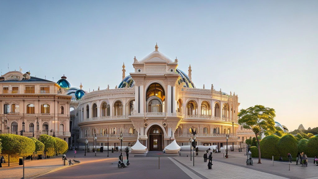 Ornate building with arches and domes at dusk