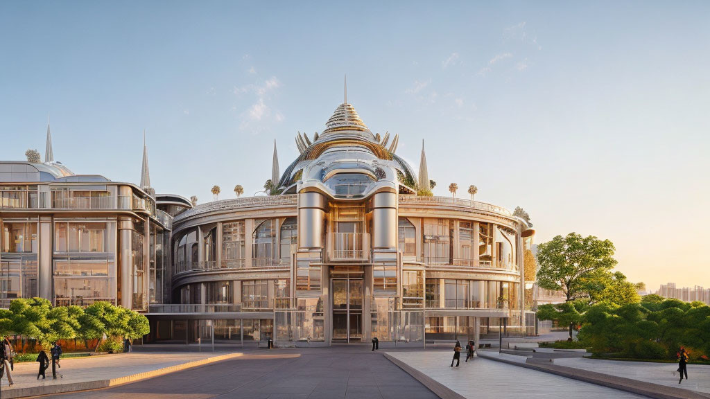 Contemporary architectural building with domed center and glass structures against evening sky with pedestrians.