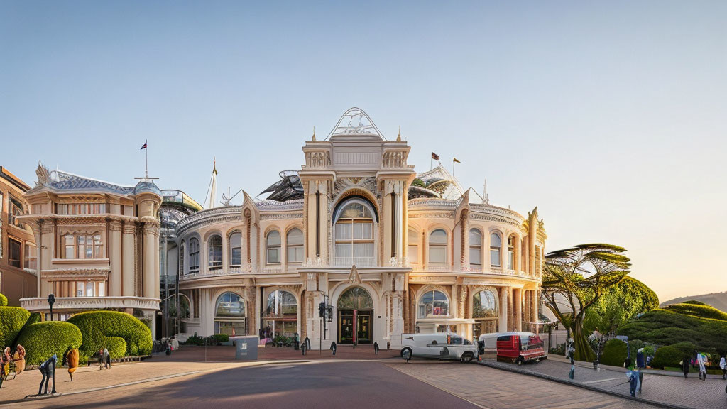 Symmetrical white building with arched windows and manicured greenery