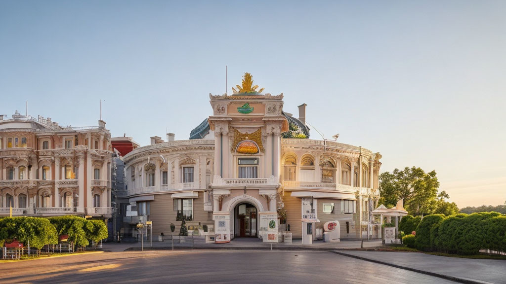 Neoclassical building with gold leaf crown against clear sky