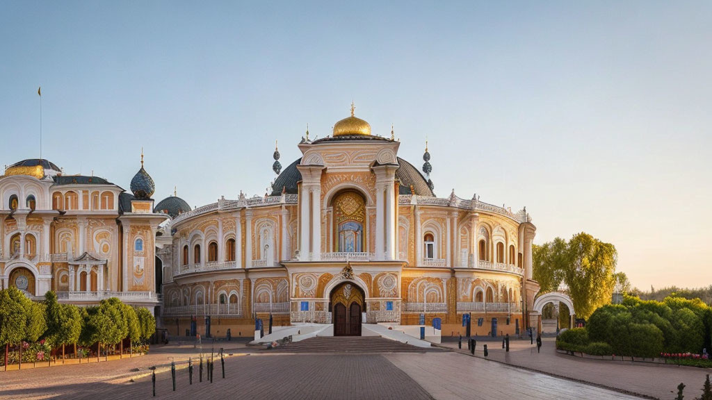 Golden and Blue Domed Building in Cobblestone Square with Trees