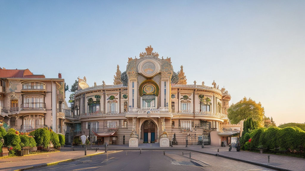 Elaborate Building with Clock and Sculptures at Sunset