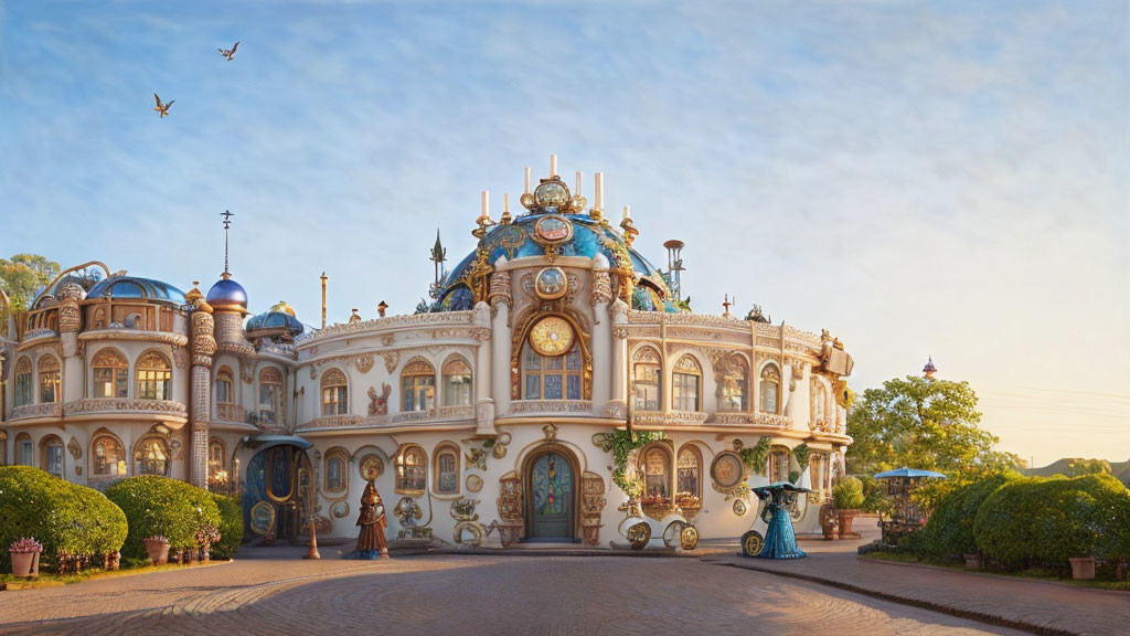 Ornate fairy-tale building with clocks and statues under clear blue sky