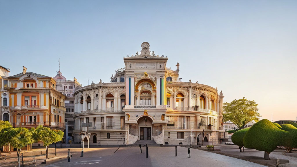 Neoclassical theater with ornate facades and golden accents