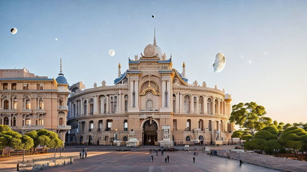 Grand building with intricate architecture under multiple moons in a spacious square.