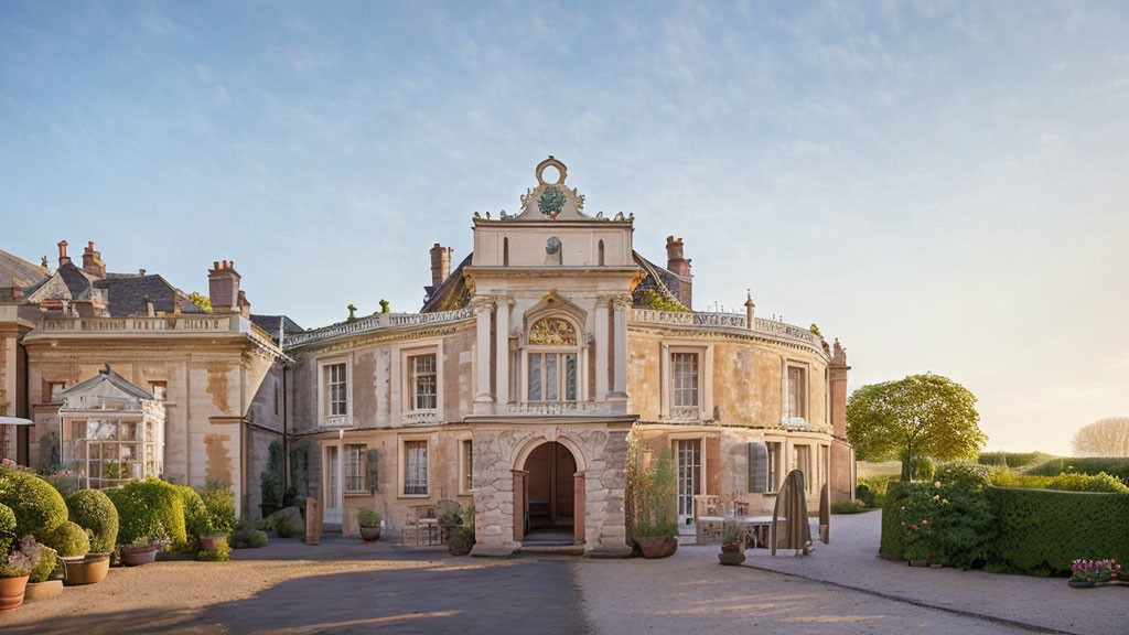 Historical mansion with intricate architecture and grand entrance in manicured garden at dusk