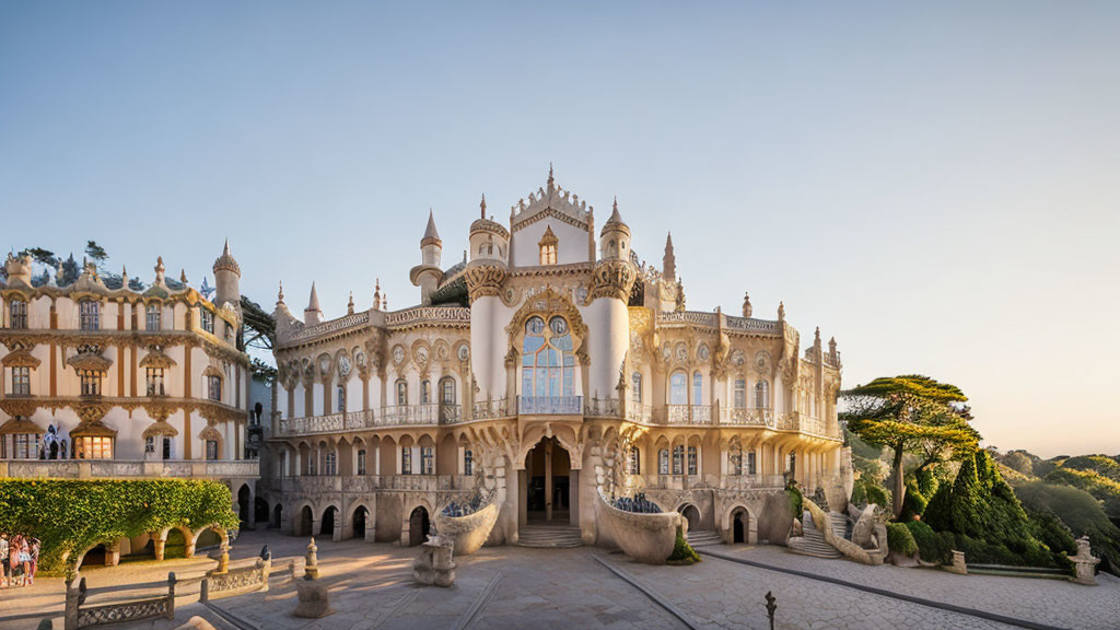 Neo-Gothic palace with ornate facades and battlements in manicured gardens