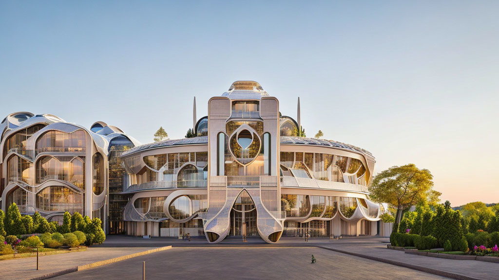 Symmetrical futuristic building with rounded glass structures and heart-shaped facade against clear dawn sky