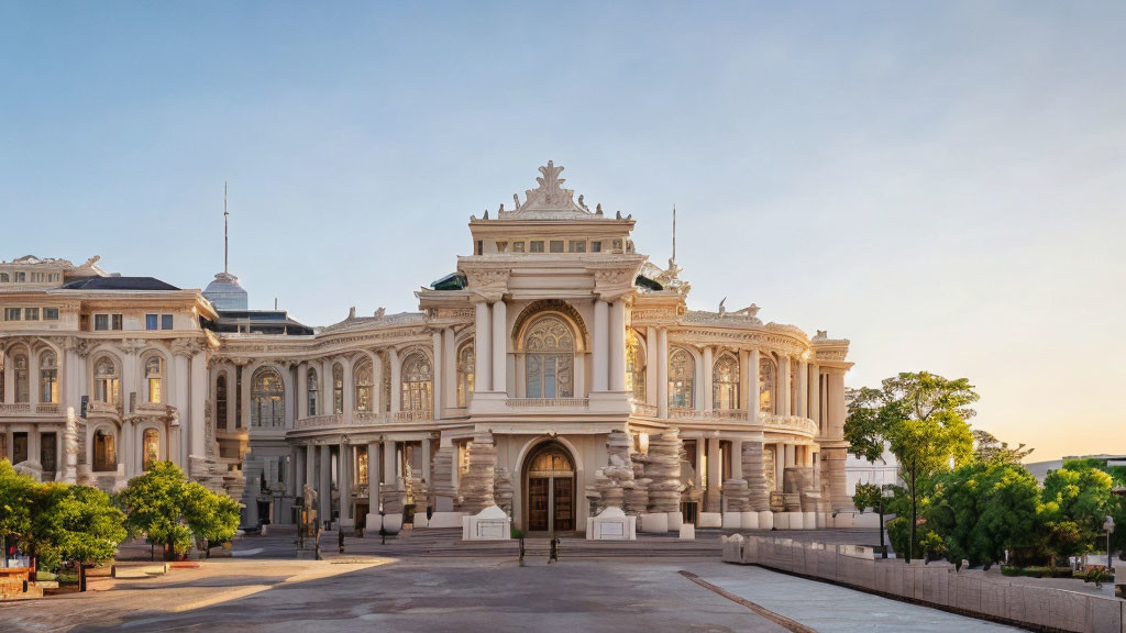 Classical-style Building with Ornate Details and Columns at Sunset