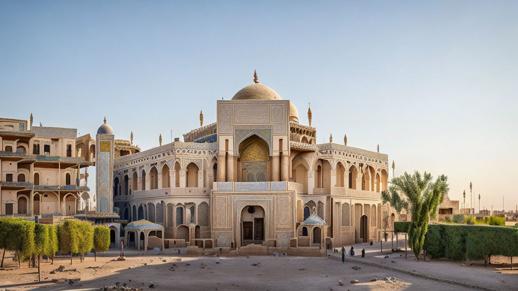 Traditional-style building with arches and domes next to modern structures under clear sky