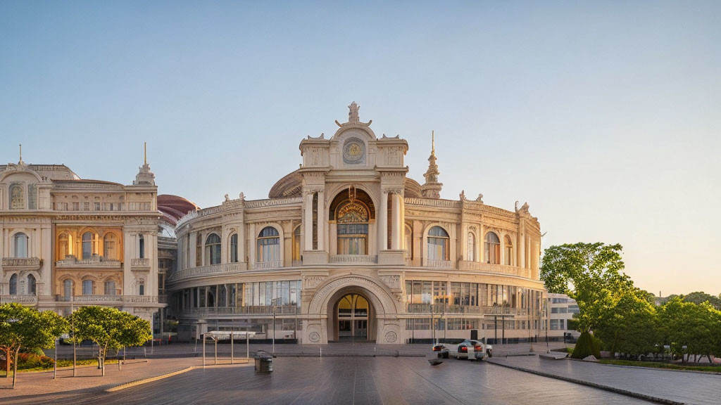 Classical white building with arched entrance in golden hour light