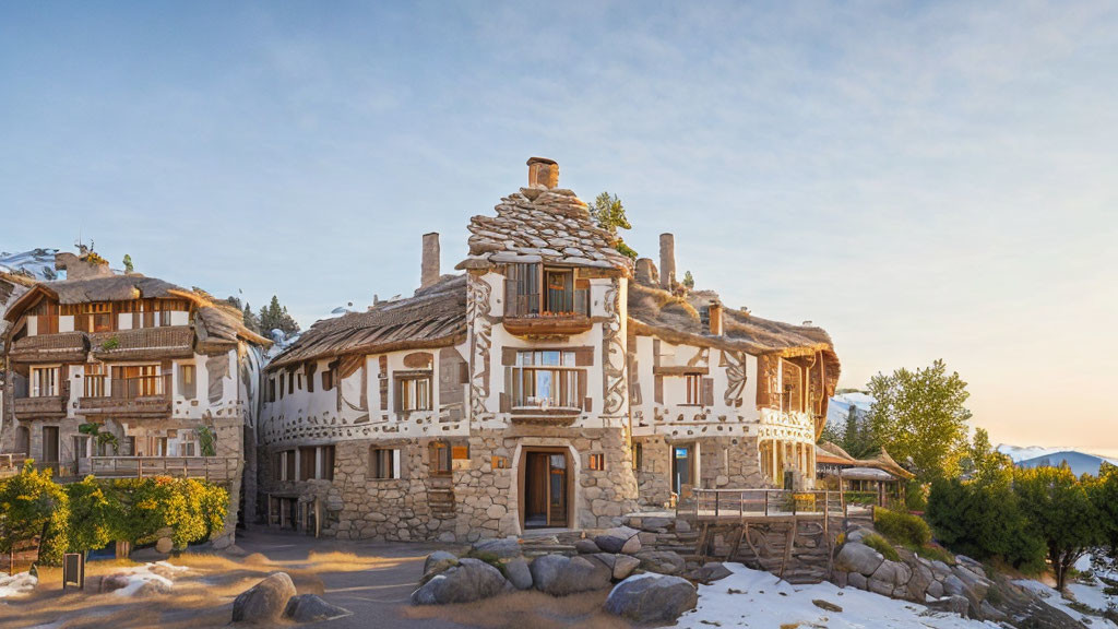 Rustic Mountain Lodge with Stone Foundations and Wood Balconies