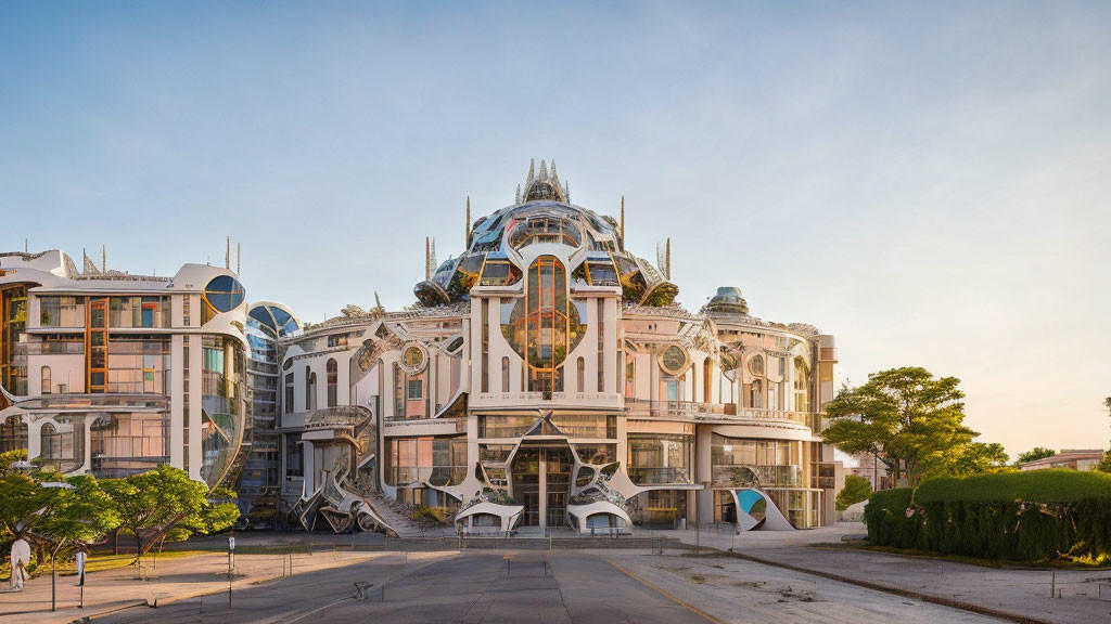 Futuristic building with ornate white and glass facade and dome at dawn or dusk