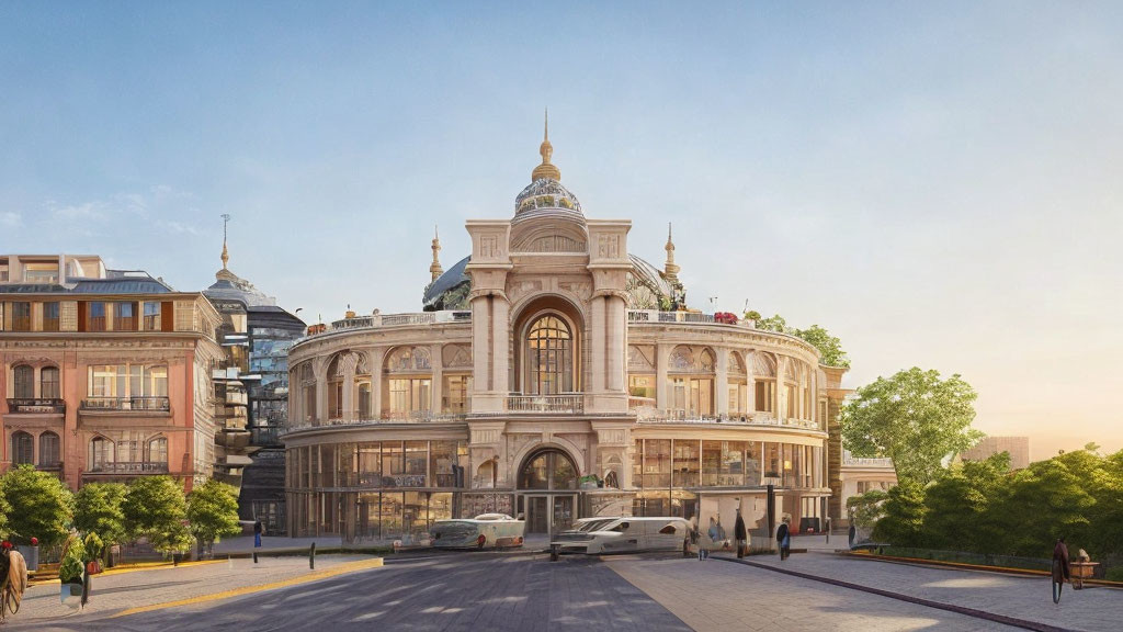 Classical building with dome and intricate architecture in warm sunlight on urban street corner