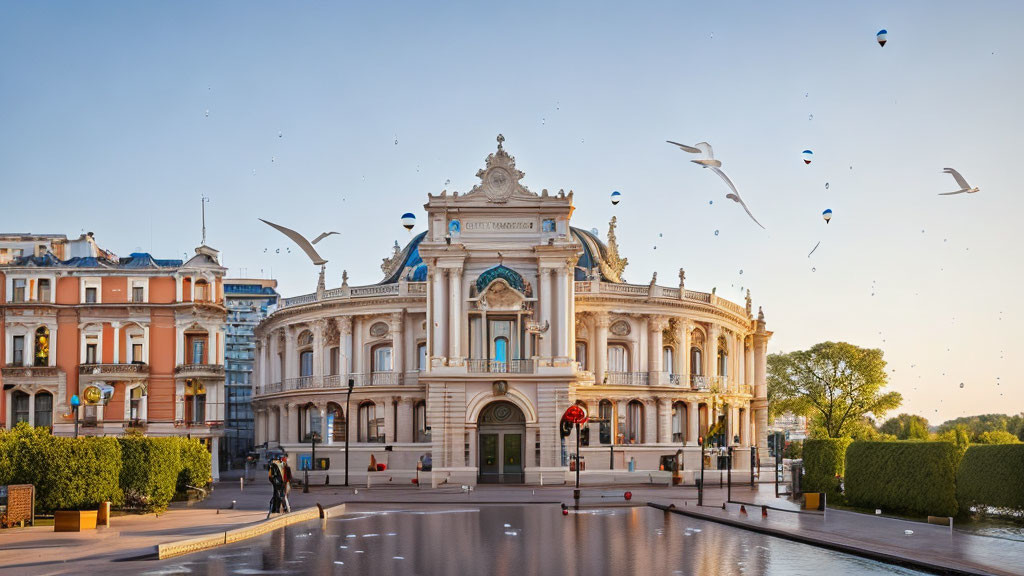 Classical façade building in serene city square with flying birds.