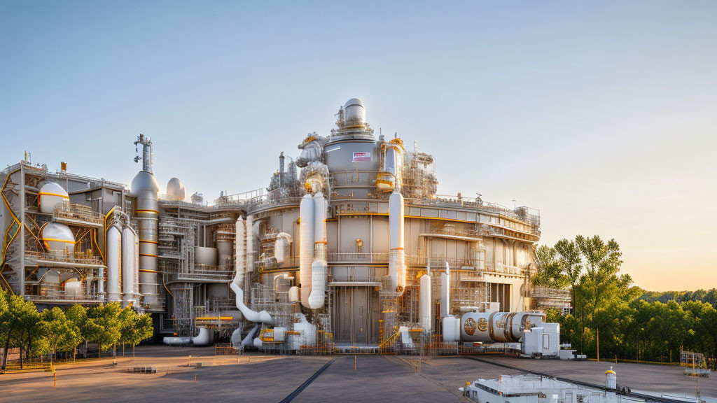 Industrial facility with complex piping and large cylindrical structures at sunset