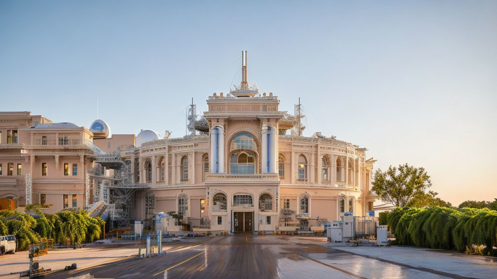 Classical-style building with ornate façade and modern elements in soft sunlight