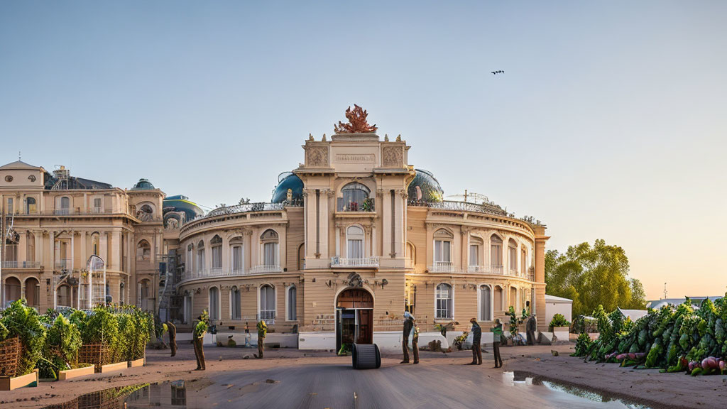 Classical Building with Pediment, Domes & Gardens in Clear Sky