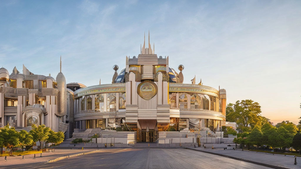 Futuristic building with white and gold facade, domes, and spires against sunset sky