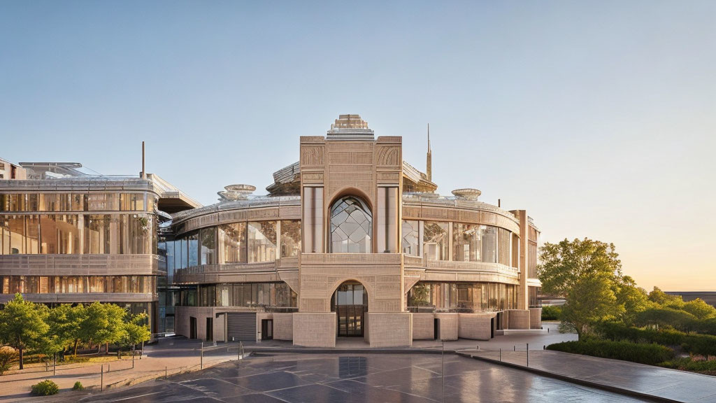 Glass and Stone Architectural Complex Surrounded by Greenery and Empty Roads at Dusk