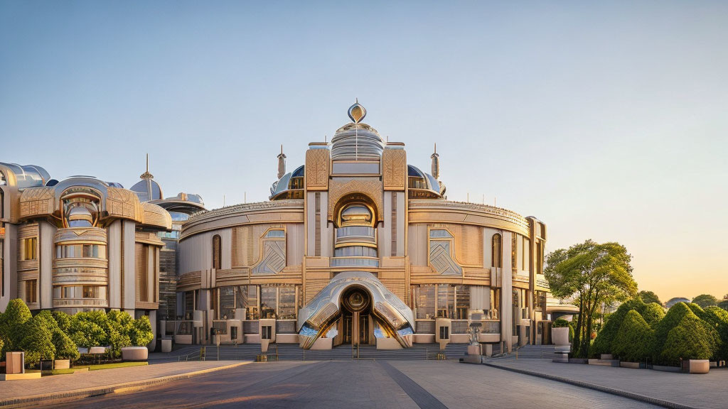 Modern architectural design with domes and towers in a clear sky setting.