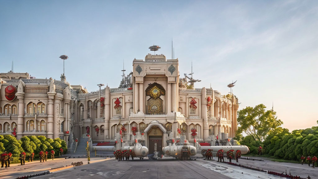 Ornate white palace with red banners and military procession