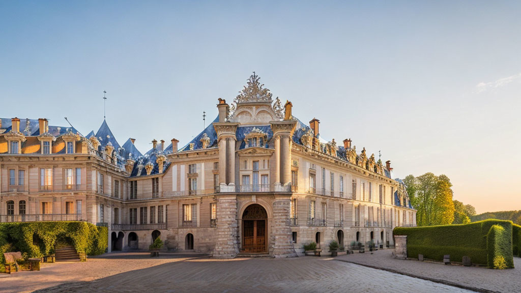 Elegant historic chateau at sunset with intricate facade details