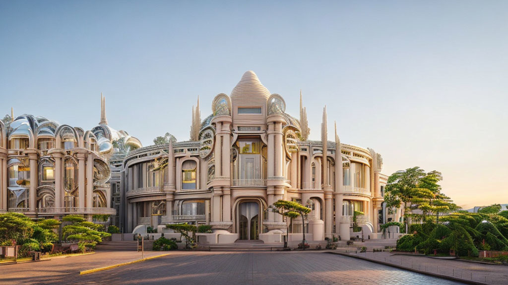 Futuristic white building with domes and spires in lush green setting