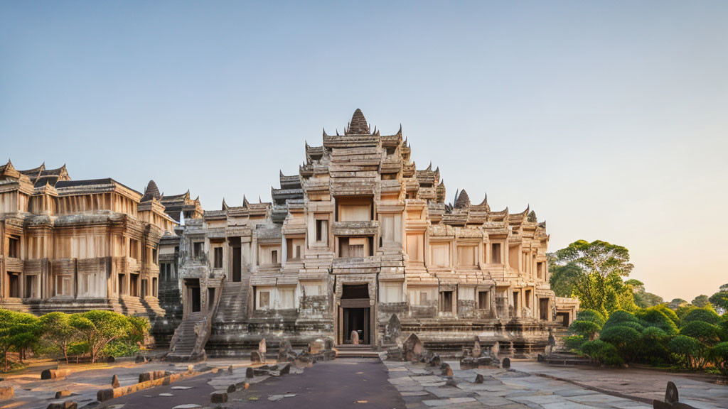 Ancient Stone Temple with Intricate Carvings at Sunrise or Sunset