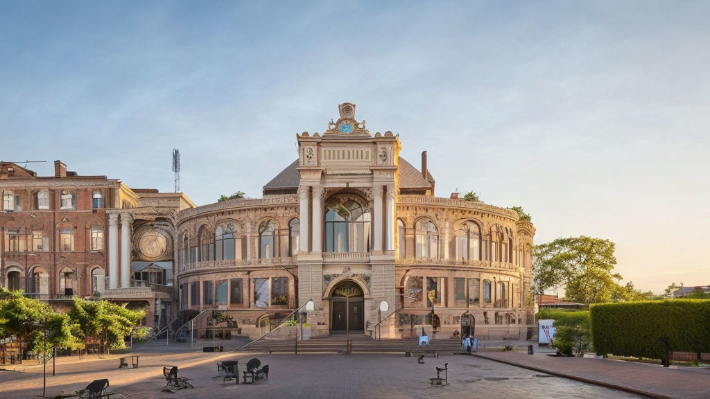 European-style Building with Arches and Sculptures in a Square