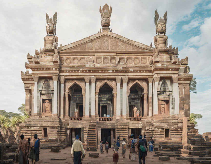 Ornate temple with traditional sculptures and detailed carvings under cloudy sky