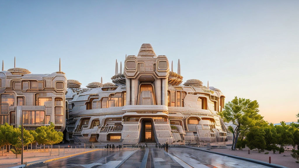 Unique Organic Architecture in Sunset Light with Trees