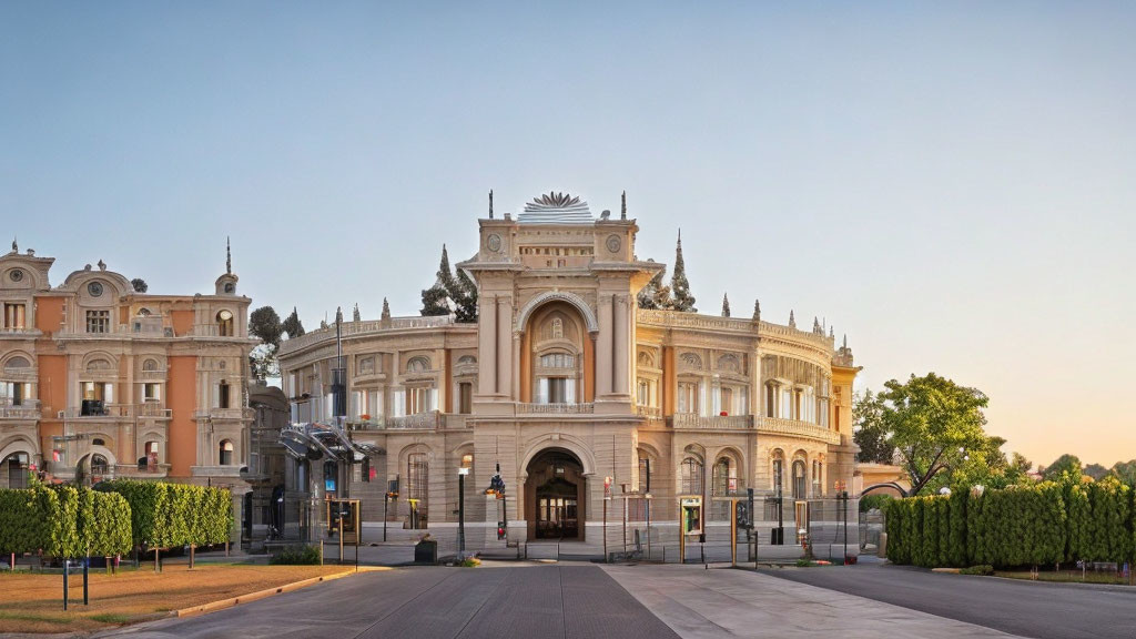 Neoclassical building with ornate architecture and trees in golden hour