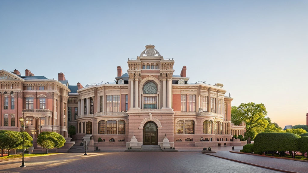 Classical building with central window and symmetrical wings under sunset sky