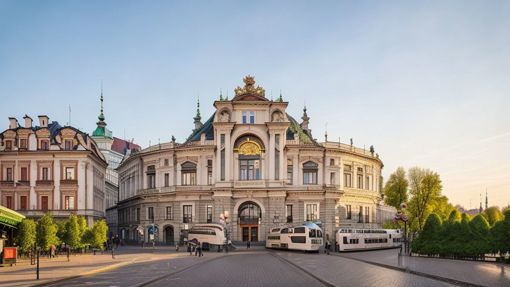 Ornate European-style Building with Trams at Dusk