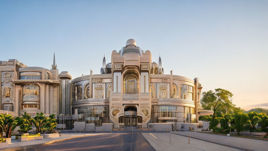 Neoclassical style building with domes and arches in soft sunlight