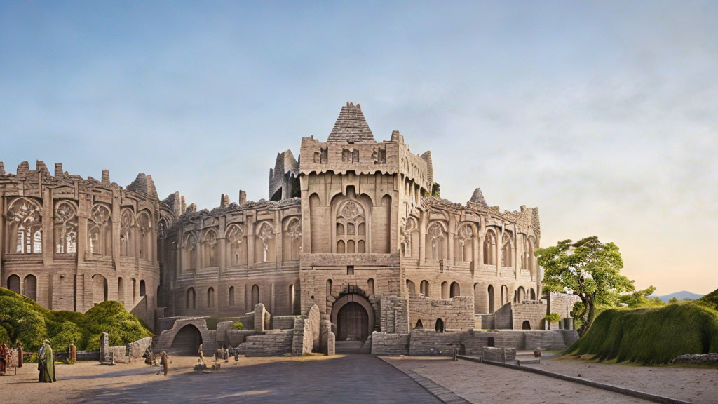 Medieval castle with towers and battlements, figures near entrance