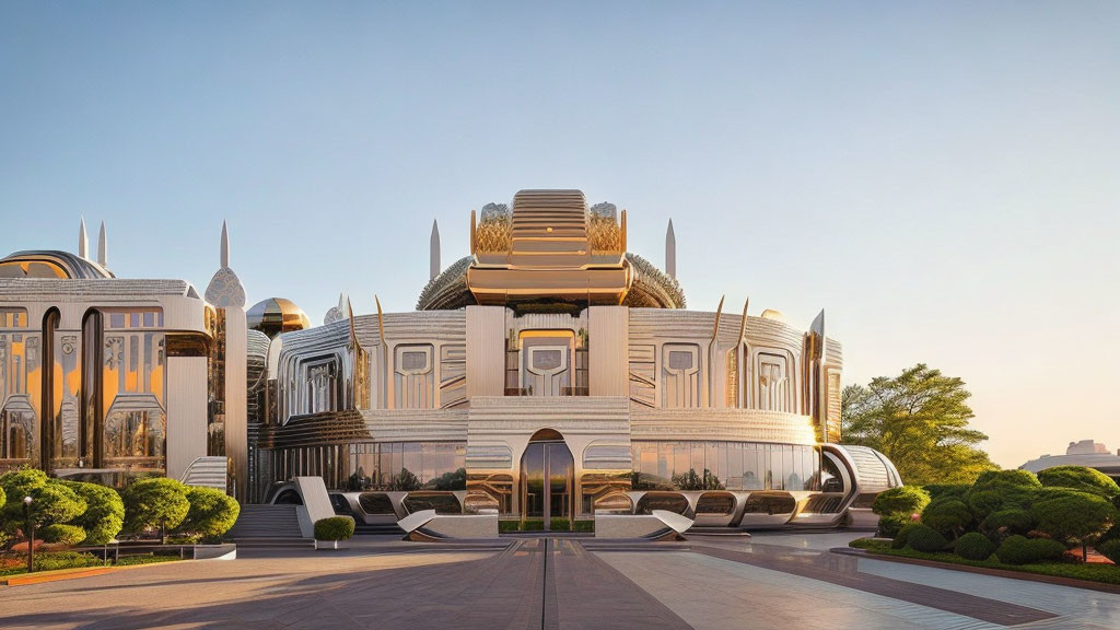 Opulent futuristic building with traditional design, flanked by modern sculptures at sunrise or sunset