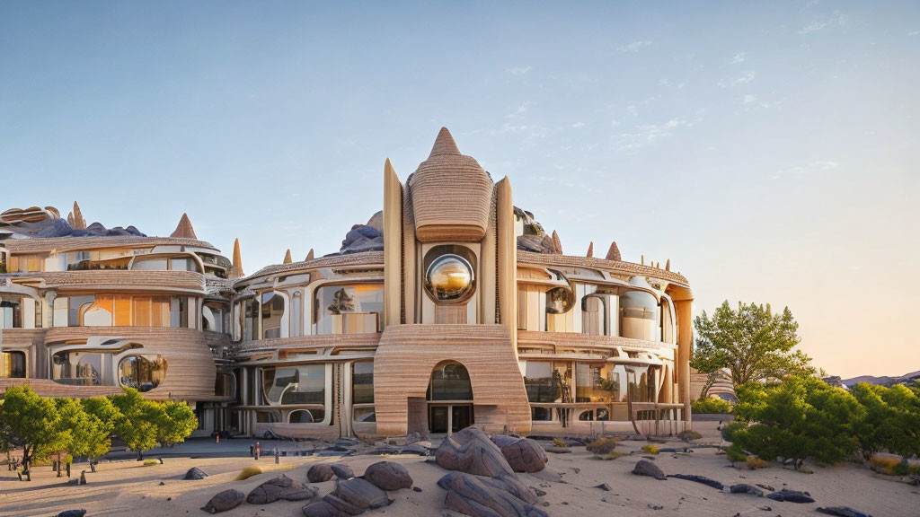 Curved futuristic desert building with large windows at sunset