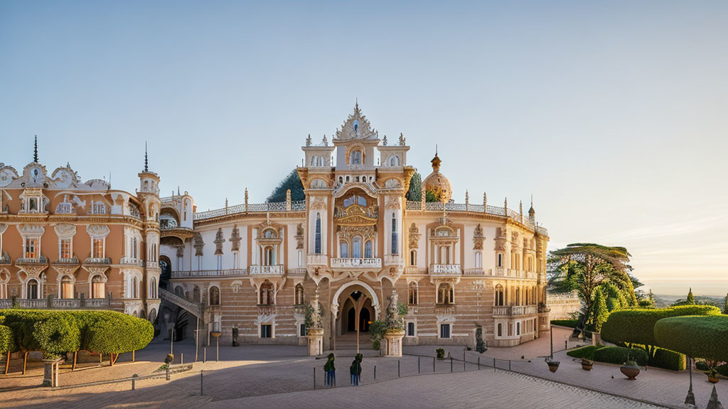 Elaborate Palace with Topiary Gardens and Clear Sky at Golden Hour