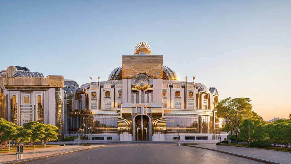 Classical architecture with domes and gold accents at sunset