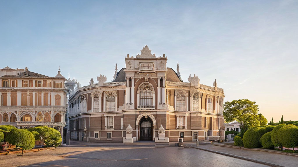 Historic European-style building framed by trees under clear blue sky