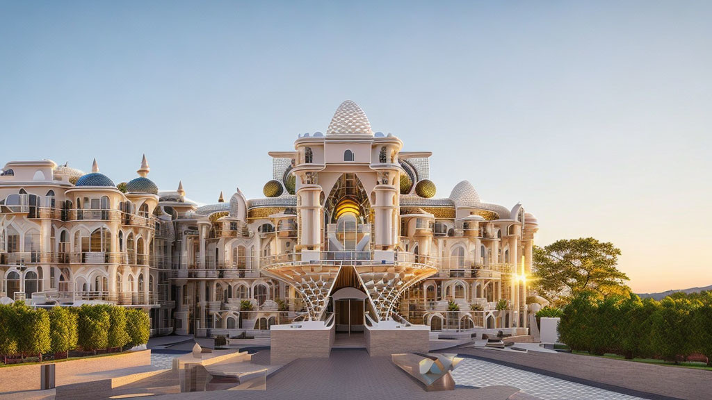 Palace-like Building with Domes and Arches at Sunset