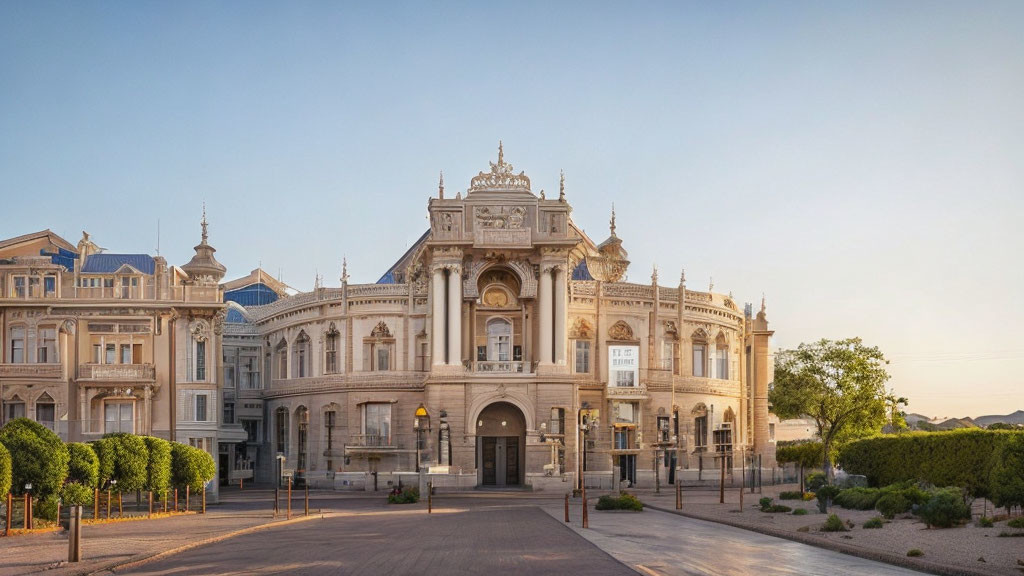 Historic building with intricate facades and grand entrance in soft sunlight