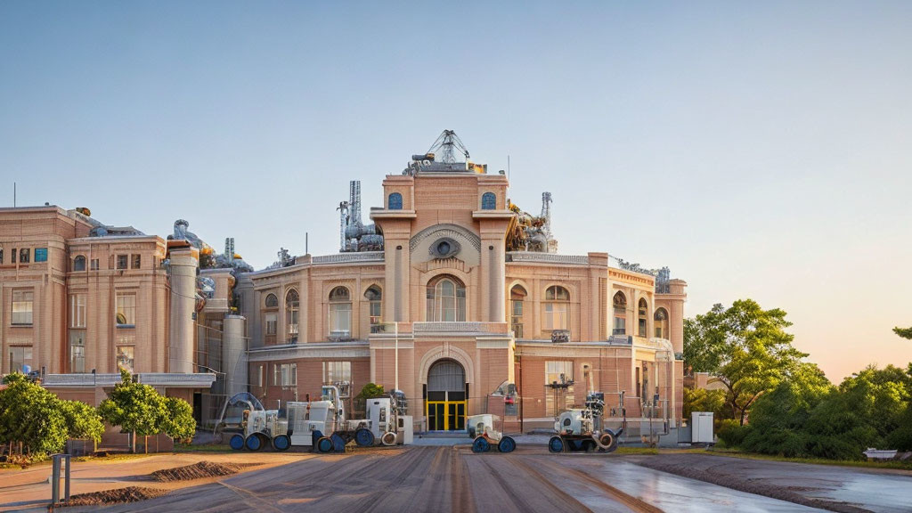 Ornate industrial building with central arched entrance and symmetrical wings surrounded by machinery and material piles