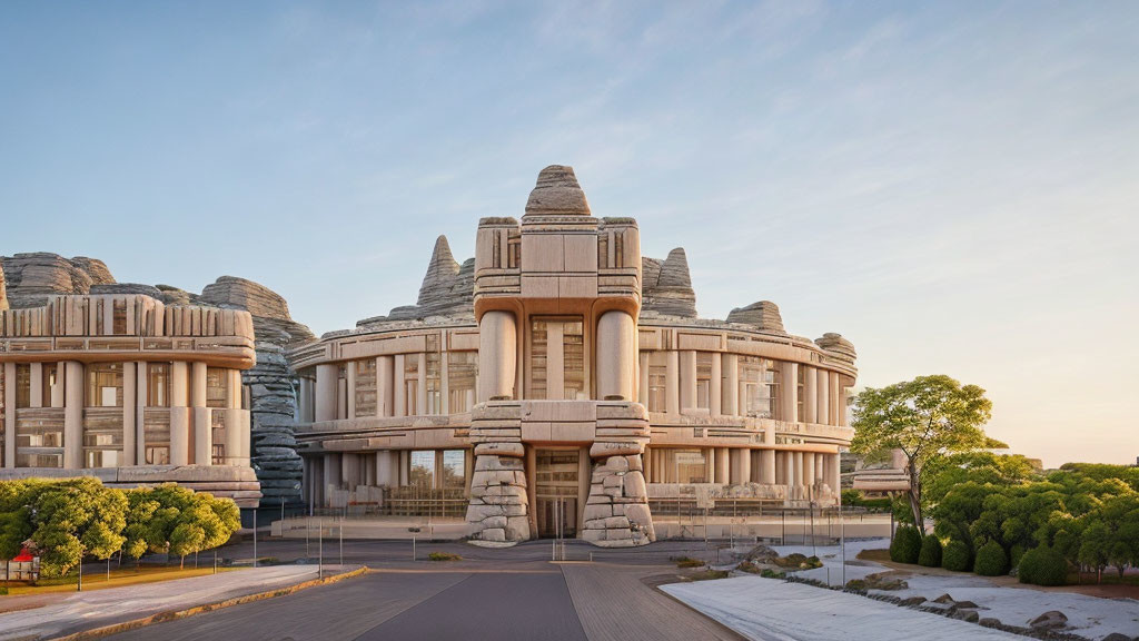 Symmetrical stone building with intricate design at dawn or dusk